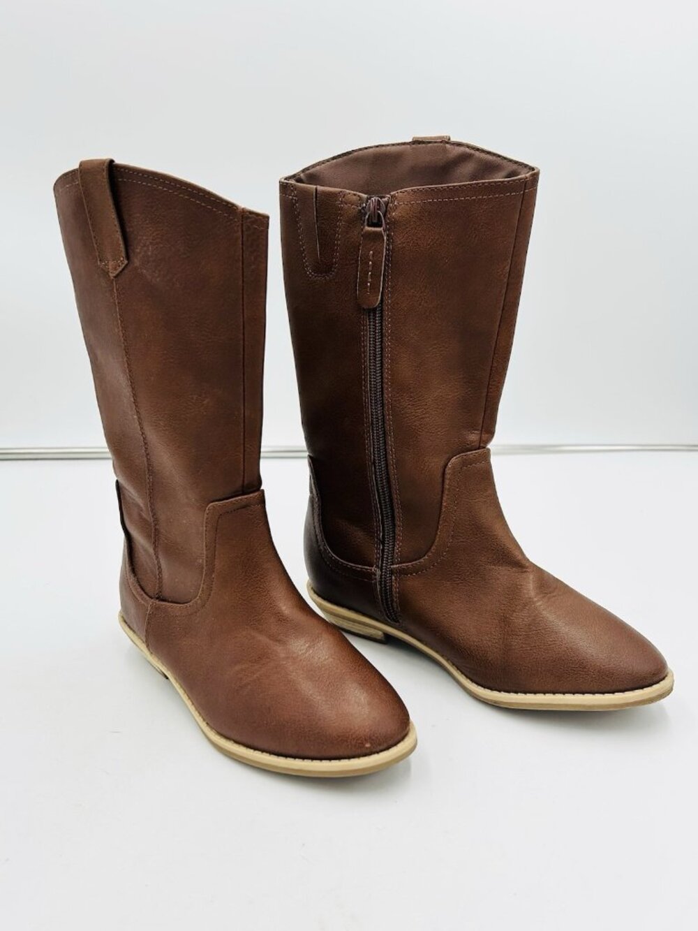 Cat & Jack Brown Girls Boots Sz 13 Zip Up Faux Leather 1" Block Heel